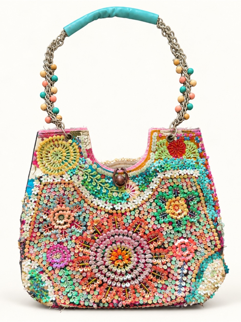 One of a Kind Floral Sequin Beaded Denim Shoulder Bag real leather detail strap